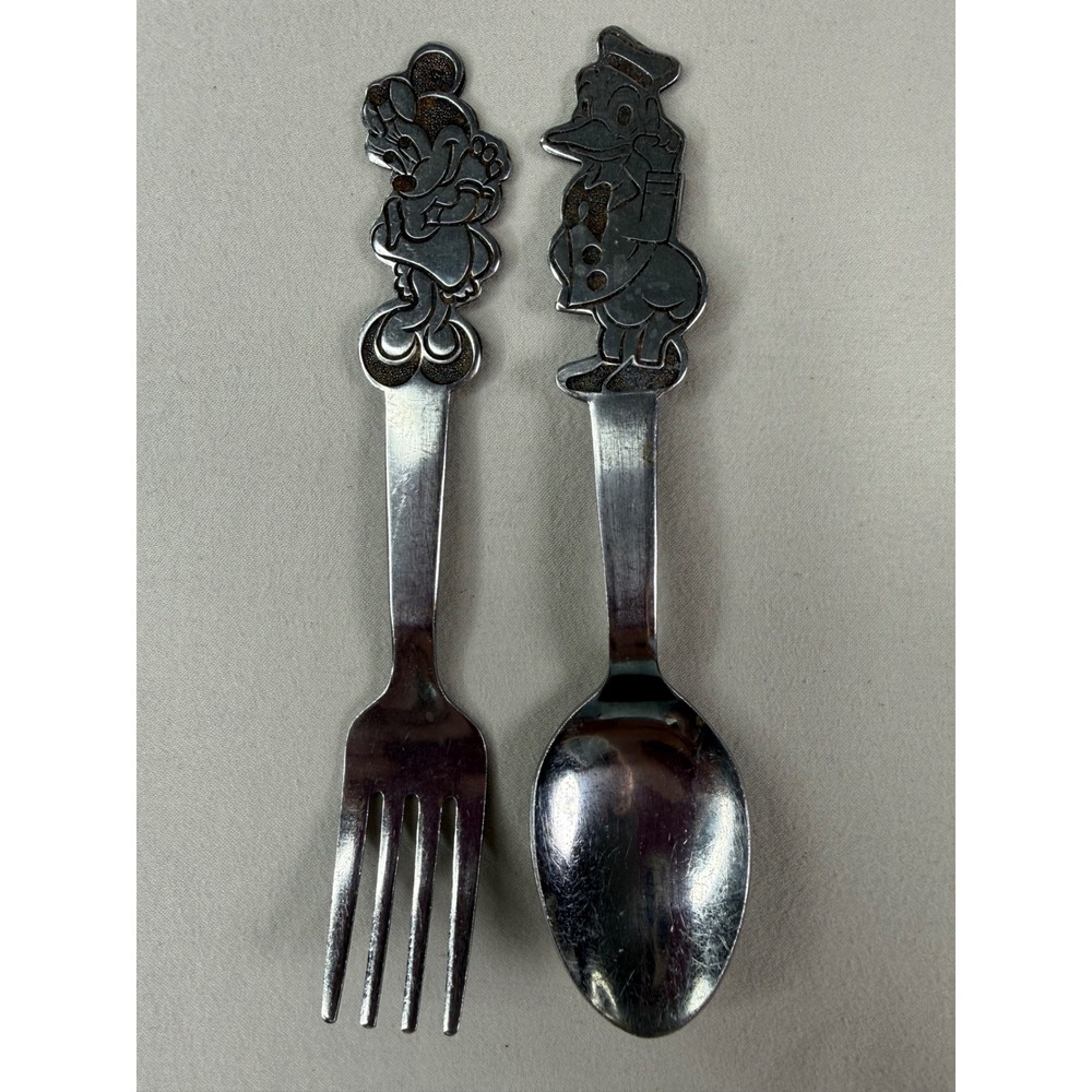 Vintage Disney Bonny Stainless Japan Minnie Mouse Donald Duck Fork Spoon Set